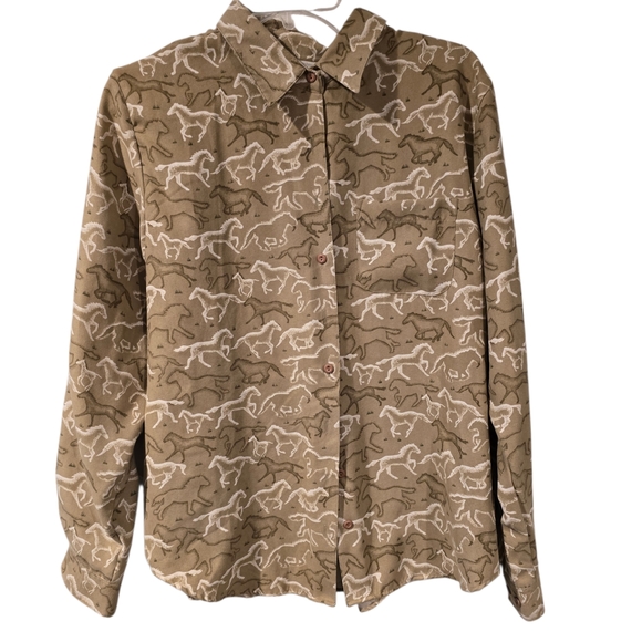 Christopher & Banks Tops - Christopher & Banks Tan Button-Up Shirt with White Horse Print Sz M